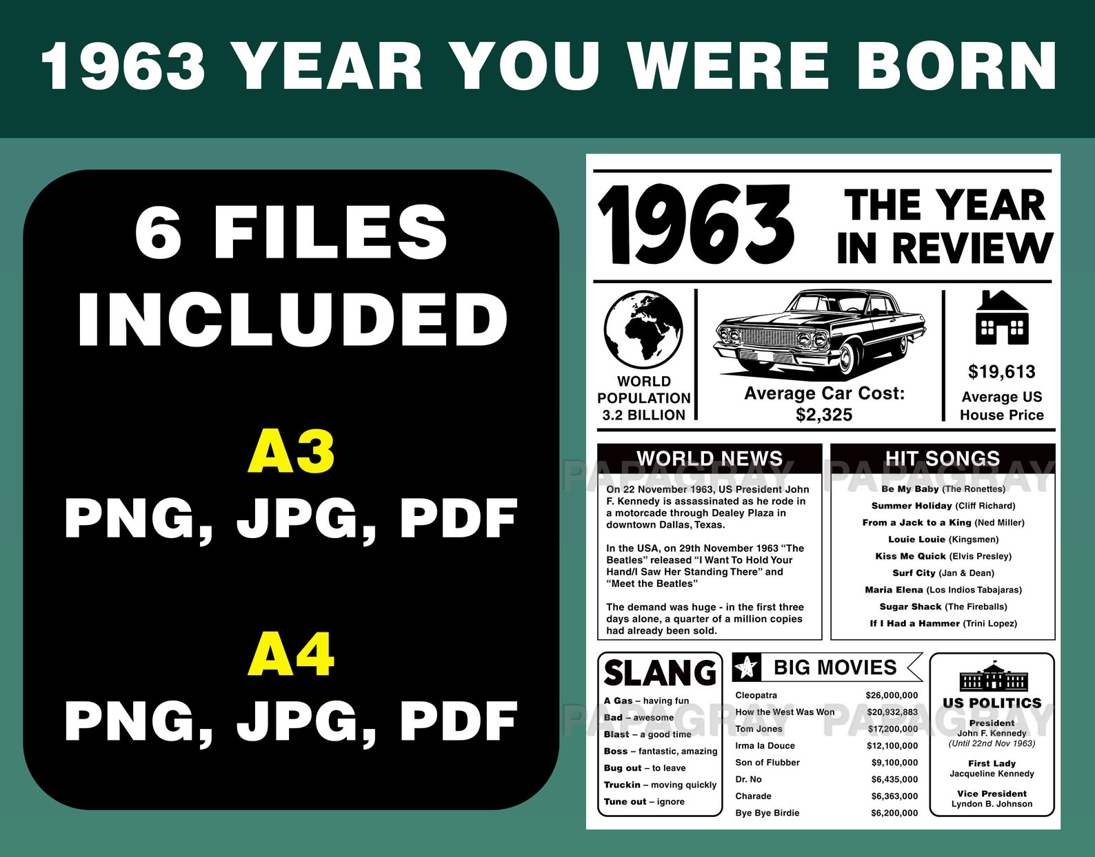 1963 The Year You Were Born PRINTABLE USA Digitaler Etsy