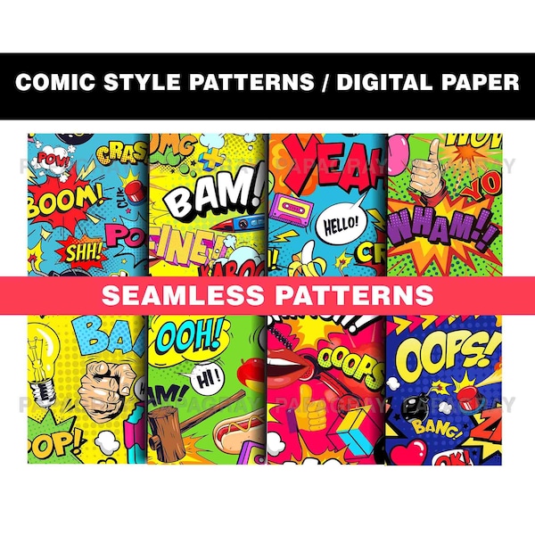 Comic Patterns - 8 Designs | Digital Download | 300 DPI | Seamless Digital Paper, Comic Digital Pattern, Comic Style Cartoon Patterns