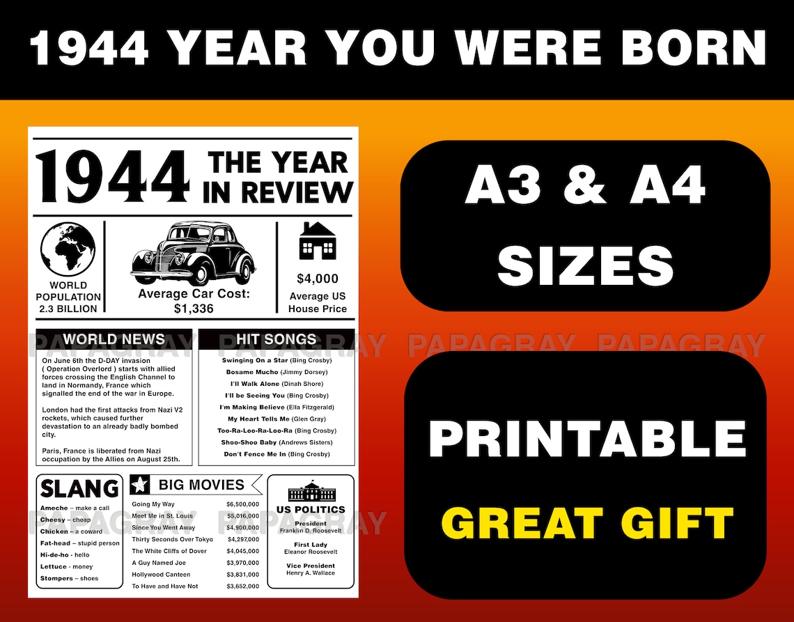 1944 The Year You Were Born PRINTABLE USA Digital Download Etsy