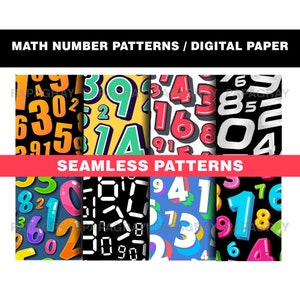 Math Number Patterns - 8 Designs | Digital Download | 300 DPI | Seamless Digital Paper, Teacher Maths Digital Pattern, Number Patterns