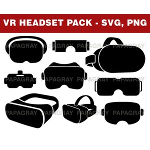 May include: A black and white graphic of various VR headsets. The image includes the text "VR HEADSET PACK - SVG, PNG" at the top. The image features several different designs of virtual reality headsets.