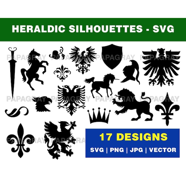 Heraldic Silhouette Pack - 17 Designs | Digital Download | Heraldic SVG, Coat of Arms, Family Crest Vector, Medieval Graphic