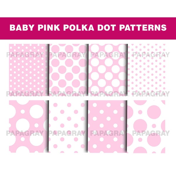 Baby Pink Polka Dot Patterns - 8 Designs | Digital Download | 300 DPI | Seamless Baby Pink Digital Paper, Polka Dot Digital Pattern