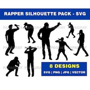Rapper Silhouette Pack - 8 Designs | Digital Download | Rapper SVG, Hip-Hop PNG, Rapping Vector Graphic, Rap SVG, Hip Hop Vector