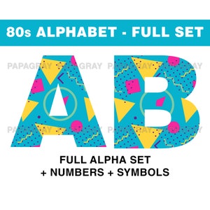 Alphabet des années 80 PNG | Téléchargement numérique | Ensemble de 26 lettres + chiffres + symboles, police des années 80, alphabet des années 80, clipart alphabet rétro