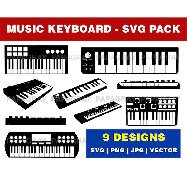 Music Keyboard Silhouette Pack - 9 Designs | Digital Download | Synthesizer SVG, Keyboard PNG, Digital Piano Vector, Synth Graphic Design