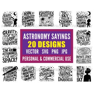 20 Astronomie Sprüche SVG Bundle - 20 Designs | Digitaler Download | Weltraum-Zitate, himmlische Grafikdesigns, Universum SVG, Schnittdateien Slogans
