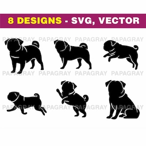 Pug Dog SVG-silhouetset - 8 ontwerpen | Digitale download | Mopshond gestileerde SVG, silhouet hoektand gesneden bestanden, mopshond clipart, hondvormen