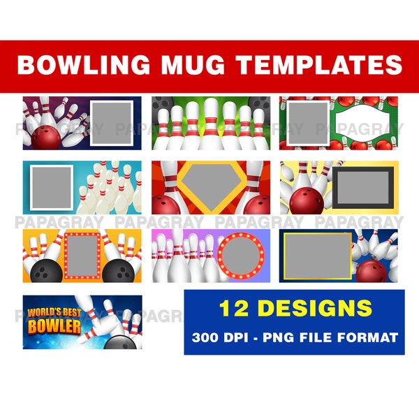 Bowling Mug Templates - 12 Designs | Digital Download | Bowling Cup Sublimation, Bowling Mug Photo Template, Bowling Cup Design PNG