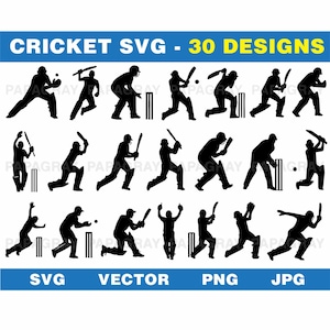Cricket Players SVG Vector Graphic Bundle - 30 Designs | Digital Download | Cricket SVG, Sport Silhouette, Bowling, Fielding, Wickets Design