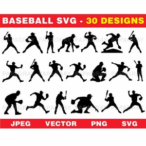 Pacchetto di grafica vettoriale SVG di baseball - 30 design / Download digitale / Pacchetto di giocatori di baseball SVG, lanciatore, silhouette SVG, ricevitore, difensore