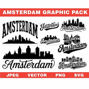 Paquete de gráficos vectoriales SVG de Ámsterdam: 7 diseños / Descarga digital / Holanda, archivo de corte holandés, diseño gráfico del horizonte de la ciudad de los Países Bajos