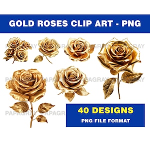 Gold Rosen Clipart Pack - 40 Designs | Digitaler Download | Gold Rose Clip Art, Blumenstrauß goldener Rosen, Valentinstag Cliparts Goldrosen