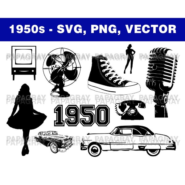 1950s Silhouette Pack - 10 Designs | Digital Download | 1950 SVG, Baby Boomer Vector, 1950s Era, 1950s Vector, Fifties Silhouette