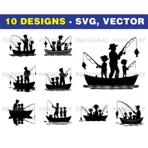 Paquete de siluetas SVG de padre y dos hijos: 10 diseños / Descarga digital / Clipart de pesca, ilustración de abuelo, padre e hijo
