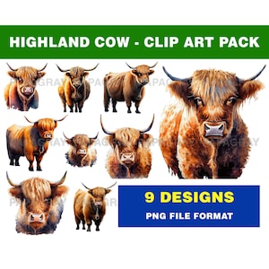 Highland Cow Clip Art Pack - 9 Designs | Digital Download | Scottish Cow Clipart, Scotland Cattle PNG, Transparent Background