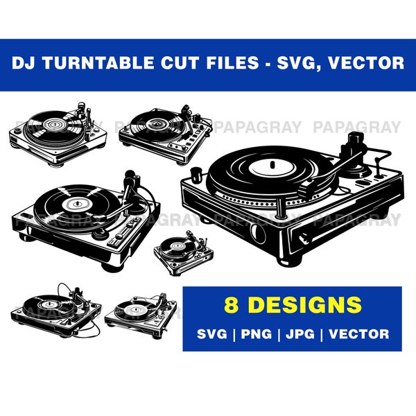 DJ Turntable SVG Cut Files - 8 Designs | Digital Download | Vinyl player Vector, Music Record player Graphic, Turntable system Cut File