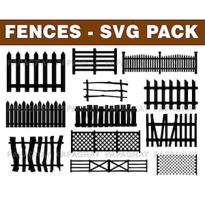 Fences Silhouette Pack - 12 Designs | Digital Download | Fence SVG, Fencing PNG, Picket Fence Vector, Wood Fence Graphic, Fencing Silhouette