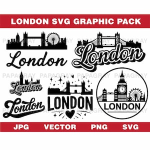 London Skyline SVG-vectorafbeeldingbundel - 7 ontwerpen | Digitale download | Britse vector, stadssilhouet, gesneden SVG-bestand, Verenigd Koninkrijk