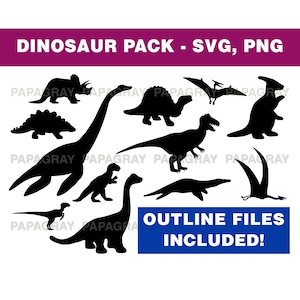 Dinosaurus silhouet SVG Pack - 12 ontwerpen | Digitale download | Dinosaurus SVG, Triceratops PNG, dinosaurusvorm, Tyrannosaurus overzicht