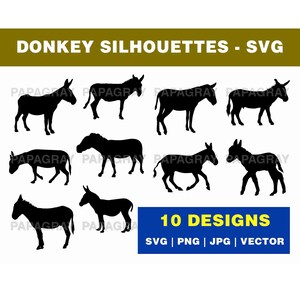 Pacote SVG de silhueta de burro - 10 designs | Download digital | Vetor de burro, mula PNG, gráfico de animal de burro, formato de animal de carga PNG