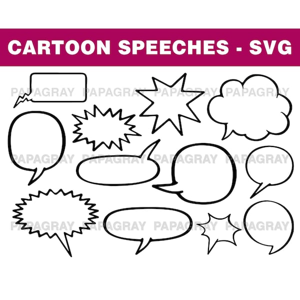 Cartoon Speech Bubble Silhouette Pack - 12 Designs | Digital Download | Cartoon Speech Bubble SVG, Conversation Dialogue Bubble PNG