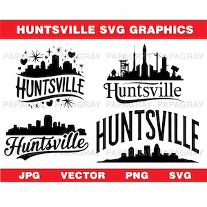 Ensemble d'illustrations vectorielles SVG Skyline de Huntsville - 6 modèles | Téléchargement numérique | Vecteur de l'Alabama, silhouette d'horizon de la ville, fichier de coupe SVG