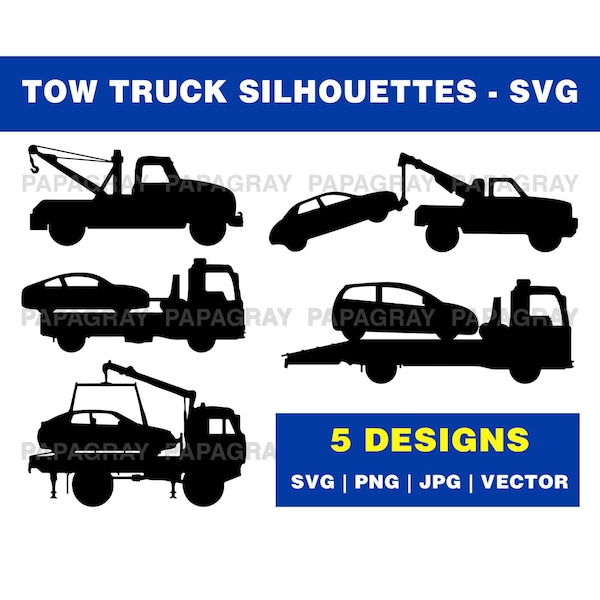Tow Truck Silhouette Pack - 5 Designs | Digital Download | Tow Truck SVG, Recovery Truck Vector, Breakdown Truck, Breakdown Lorry PNG