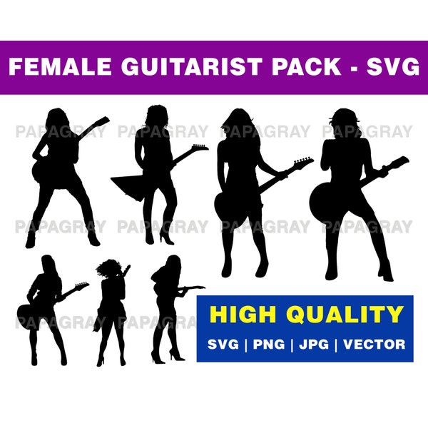 Female Guitarist Silhouette Pack - 8 Designs | Digital Download | Female Guitarist PNG, Female Guitarist Vector, Guitarist Silhouette Vector