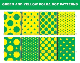 Green and Yellow Polka Dot Patterns - 8 Designs | Digital Download | 300 DPI | Seamless Digital Paper, Polka Dot Digital Pattern