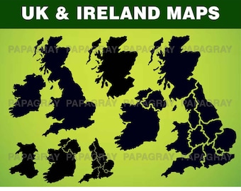 UK and Ireland Silhouette Pack - 8 Designs | Digital Download | UK Svg, UK Png, uk map, England, Irish, Ireland Map, Ireland Svg, Scotland