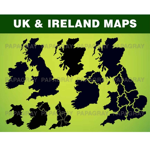 UK and Ireland Silhouette Pack - 8 Designs | Digital Download | UK Svg, UK Png, uk map, England, Irish, Ireland Map, Ireland Svg, Scotland