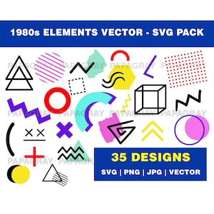 Jaren 80 vectorelementen SVG-silhouetpakket - 35 ontwerpen | Digitale download | Vorm uit de jaren 80, png, vector, retro grafische vormen uit de jaren 80