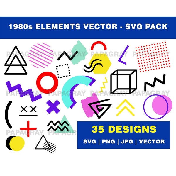 80s Vector Elements SVG Silhouette Pack - 35 Designs | Digital Download | 1980s Shape PNG, 1980s Vector, Retro Graphic Shapes