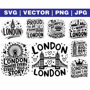 énonciations vectorielles SVG Londres - 20 modèles | Téléchargement numérique | Royaume-Uni Phrases, téléchargement de typographie britannique, Londres, Angleterre