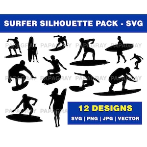 Surfer Silhouette Pack - 12 Designs | Digital Download | Surfing SVG, Surfer Vector, Surfer on Surfboard PNG