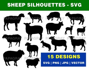 Silhouette de mouton SVG - 15 modèles | Téléchargement numérique | Vecteur d'animal de ferme, agneau SVG, contour de mouton