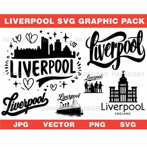 Paquete gráfico vectorial SVG del horizonte de Liverpool - 7 diseños / Descarga digital / Vector de Inglaterra Reino Unido, silueta de la ciudad británica, archivo de corte SVG
