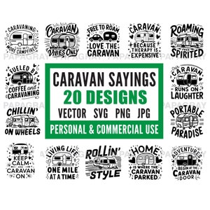 Frases de caravanas SVG - 20 diseños / Descarga digital / Frases de camping, archivos de corte SVG, diseños gráficos de autocaravanas, eslóganes de vacaciones en caravana