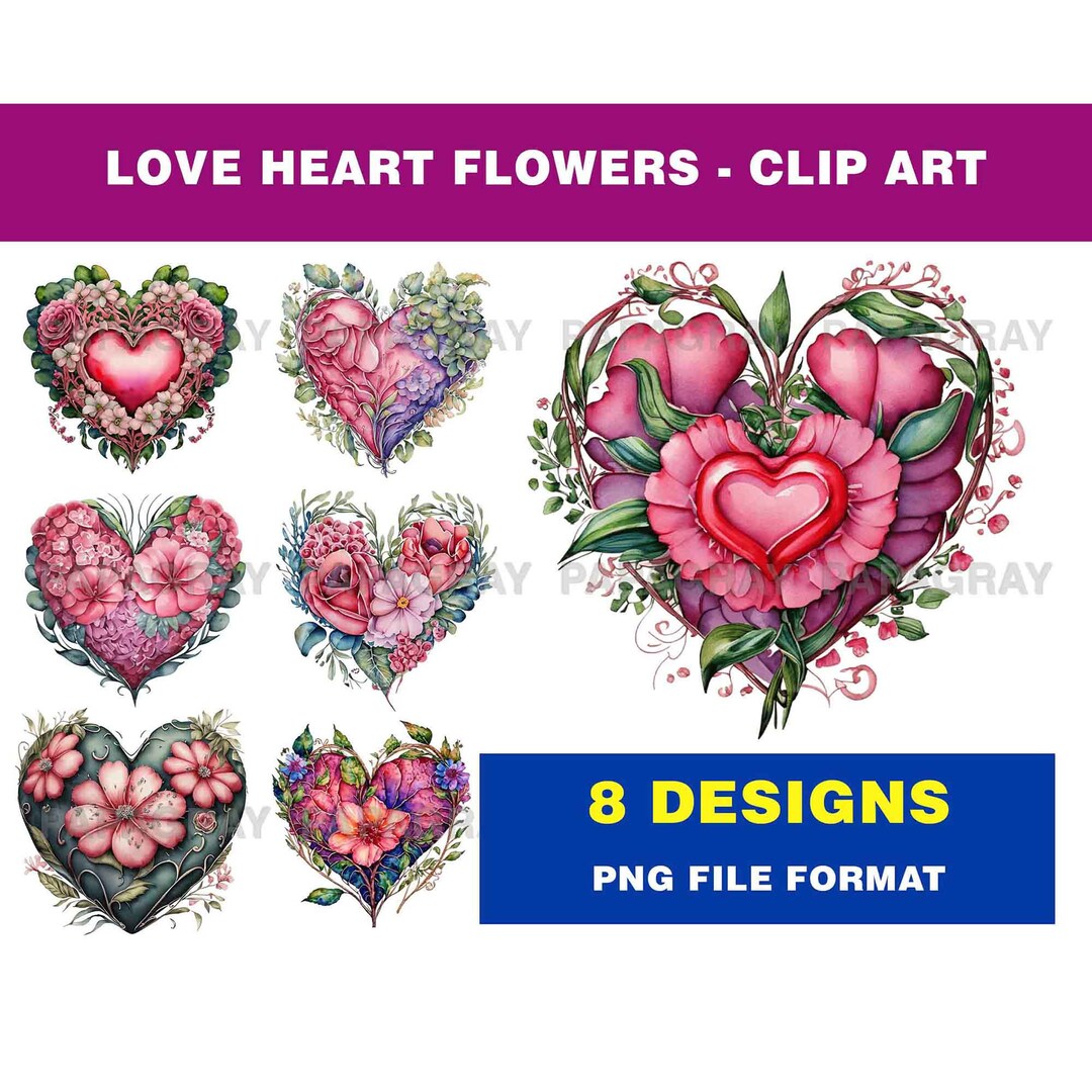 Love Heart Flowers Clip Art Pack - 8 Designs | Digital Download ...