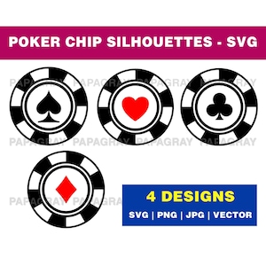 Silhouette de jetons de poker - 4 modèles | Téléchargement numérique | Jeton de casino SVG, diamant de carte, trèfle, coeurs, pique PNG, vecteur de jeton de casino