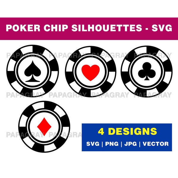 Poker Chips Silhouette Pack - 4 Designs | Digital Download | Casino Token SVG, Card Diamond, Clubs, Hearts, Spades PNG, Casino Chip Vector