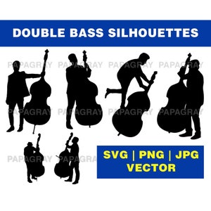 Contrabasspeler silhouetpakket - 6 ontwerpen | Digitale download | Contrabas SVG, contrabas vector, contrabas rockabilly afbeelding