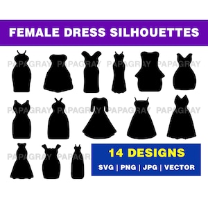 Female Dress Shape SVG Silhouette Pack - 14 Designs | Digital Download | Lady Dress Shape PNG, Women Dress Vector Graphic