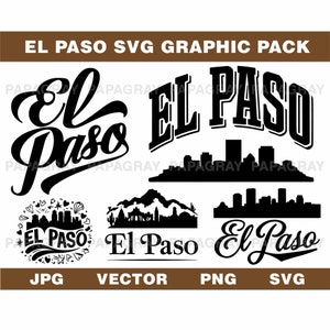 Pakiet grafiki wektorowej EL Paso Skyline SVG - 6 projektów | Pobieranie cyfrowe | Sylwetka Teksasu, plik SVG Cut, Stany Zjednoczone, pejzaż miejski Ameryki