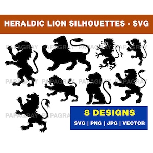 Pacote de Silhuetas de Leões Heráldicos - 8 Designs | Download Digital | Leão SVG, Vetor Heráldico, Idade Média PNG, Vetor de Brasão de Leão