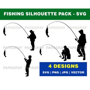 Fischer Silhouette SVG Grafikpaket - 4 Designs | Digitaler Download | Angeln Vektor, Fischer PNG, Angler Silhouette Grafiken