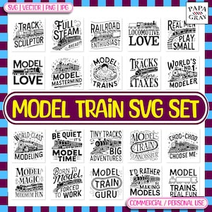 20 frases sobre trenes en miniatura en formato SVG: 20 diseños / Descarga digital / Citas sobre trenes, diseños gráficos sobre ferrocarriles, lemas SVG sobre trenes en miniatura