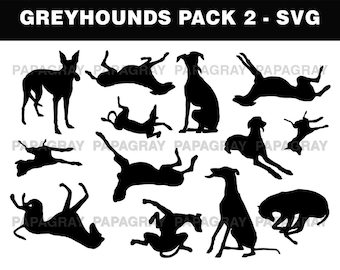 Greyhound 2 Dog Silhouette Pack - 21 Designs | Digital Download | Greyhound SVG, Greyhound Roaching, Greyhound Derp, Greyhound Leg Pretzel