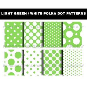 Light Green and White Polka Dot Patterns - 8 Designs | Digital Download | 300 DPI | Seamless Digital Paper, Polka Dot Digital Pattern
